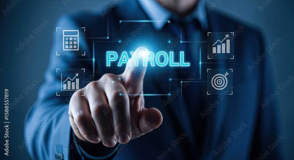 Poster payroll management solution: businessman touching digital interface with financial data and business