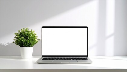 Fototapeta premium Minimal workspace setup with blank laptop screen, white desk, and green potted plant