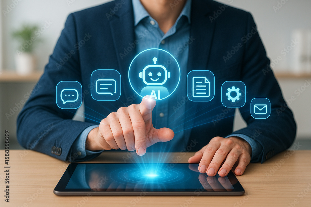 Poster businessman selecting ai chatbot interface option on digital touchscreen for communication tools
