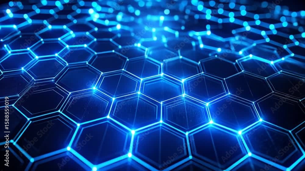 Poster futuristic blue glowing hexagon grid animation for technology and science concepts