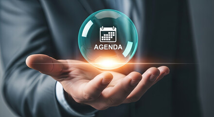 Businessman Holding Agenda Orb: Strategic Planning, Time Management, and Business Meeting Concept for Corporate Success and Productivity, Schedule