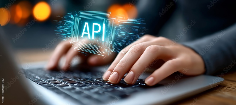 Poster person coding on modern laptop with creative hologram interface in a business technology setting
