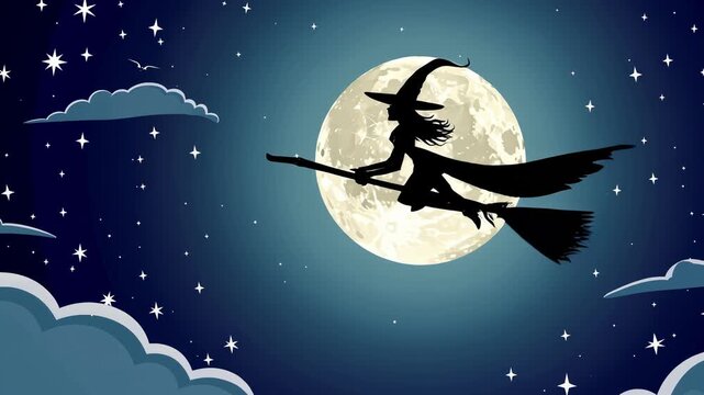 Silhouette of a witch flying on a broomstick across the night sky with a full moon glowing in the background. The scene evokes Halloween mystery and Walpurgis Night folklore.