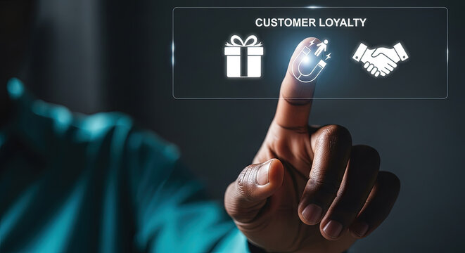 Customer Loyalty Program Concept: Hand Touching Virtual Interface with Gift, Magnet, and Handshake Icons for Business Growth and Retention Strategy