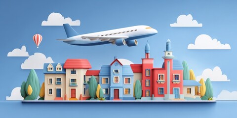 Colorful conceptual travel illustration – airplane vacation, summer holidays and adventure getaway theme
