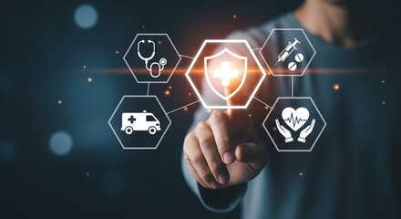 Man touching digital healthcare and medical insurance icons on a dark background.