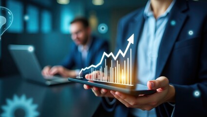 Close-up hand holding glowing tablet with futuristic financial graph showing upward trend, blurred laptop background, idea icons overlay, modern tech aesthetic