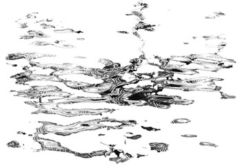 夜の公園の噴水でライトに照らされ水面に浮かび上がったネオンのような光と丸く円を描く波紋や水紋。白黒、モノクロでトーン加工をしやすくした背景を透過したグラフィック。