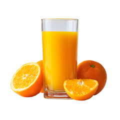 Healthy Orange Drink Scene – Juice, Whole Orange, and Half Cut on Transparent PNG