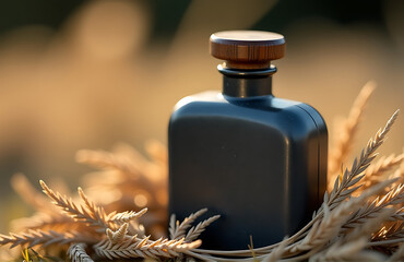 worn dark gray perfume bottle weathered wooden cap rests bed dried pampas grass bathed warm soft natural