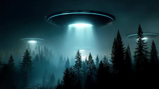 UFOs over foggy forest at night Alien encounter mystery 4k video footage, loop, animation