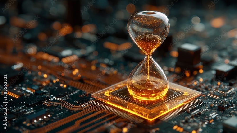 Poster digital time running out, hourglass shimmering atop a glowing computer processor symbolizing urgent 