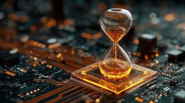 Digital time running out, hourglass shimmering atop a glowing computer processor symbolizing urgent technological deadlines and rapid advancement.