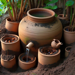 Clay Plant Water Reservoir**: Buried pots used to gradually irrigate garden plants.

