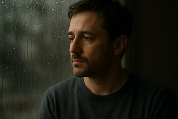 Fototapeta premium Melancholy Reflection: A contemplative man gazes out of a rain-streaked window, his face etched with a profound sense of reflection.