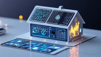 Innovative model of a smart home with solar panels and digital interface showcasing energy data - Powered by Adobe