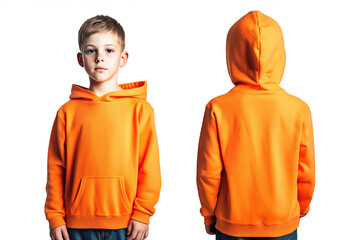 Front and back view of a young boy wearing an orange hoodie on a plain background, casual children’s fashion