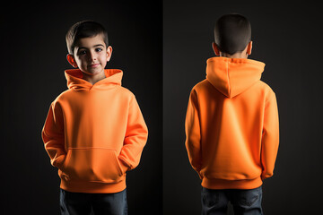 Front and back view of a young boy wearing an orange hoodie on a plain background, casual children’s fashion