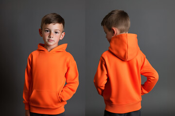 Front and back view of a young boy wearing an orange hoodie on a plain background, casual children’s fashion
