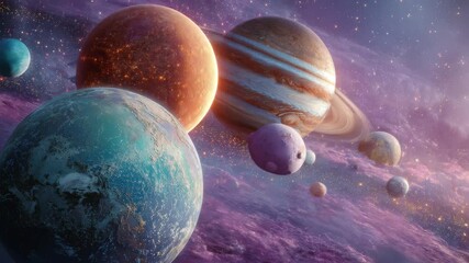 Alien planets in a vibrant nebula cosmic scene space exploration fantasy artwork 4k video footage, loop, animation - Powered by Adobe