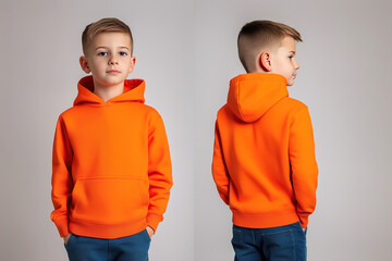 Front and back view of a young boy wearing an orange hoodie on a plain background, casual children’s fashion