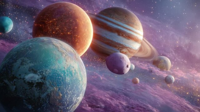 Alien planets in a vibrant nebula cosmic scene space exploration fantasy artwork 4k video footage, loop, animation