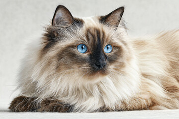 Close up photo of beautiful long haired cat with bright blue eyes
