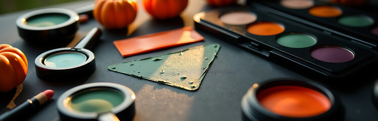 spooky halloween makeup kit arranged black surface surrounded vibrant orange dark green cosmetics bathed warm