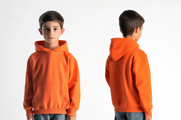 Front and back view of a young boy wearing an orange hoodie on a plain background, casual children’s fashion