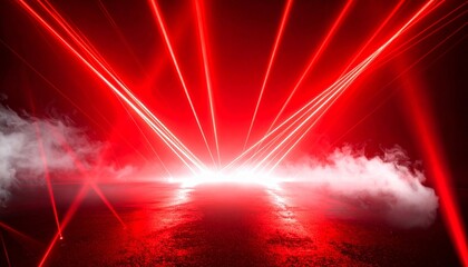 Red laser beams piercing foggy night sky with trees below