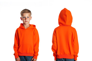 Front and back view of a young boy wearing an orange hoodie on a plain background, casual children’s fashion