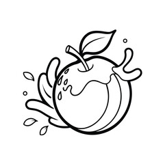 Juicy peach splash outline icon with fruit and liquid elements isolated on white background