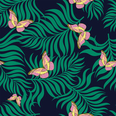 	
Green tropical palm leaves seamless vector pattern on the black background.Trendy summer print.	
