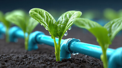 Growing plant technology with water irrigation system nurturing green leaves in soil for sustainable agriculture