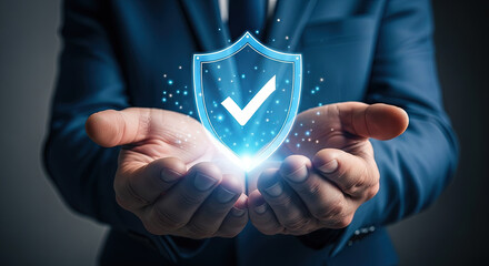 Cyber Security Concept: Man Holding Shield with Check Mark. Data Protection, Antivirus, Firewall, and Privacy. Digital Safety and Trust Symbol.
