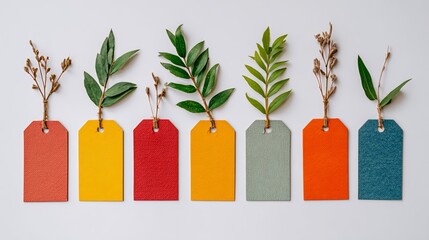 Colorful Hang Tags with Greenery Flat Lay, isolated white background.