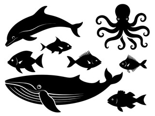 Collection of stylized black silhouettes of marine animals including a dolphin whale octopus and various fish species isolated on white background isolated on transparent background
