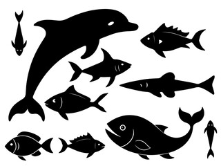 Collection of black silhouette marine animals including a dolphin and various fish species swimming in a stylized underwater scene isolated on white background isolated on transparent background