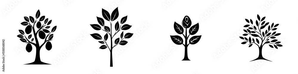 Poster collection of black tree icons showcasing different styles and leaf arrangements suitable for design