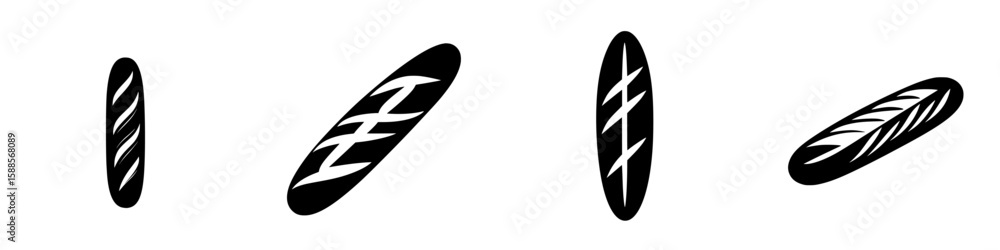 Poster illustration of four distinct black icons representing different types of bread loaves, showcasing v
