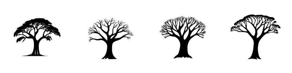 Obraz premium Different stages of tree growth represented in black icons showing foliage variations and seasonal changes