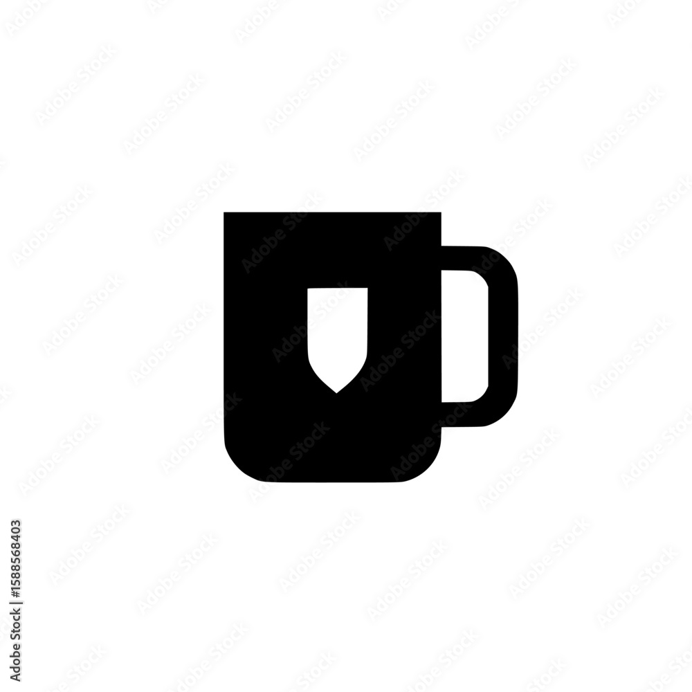 Poster black icon representing a mug with a shield symbol, suitable for various design and branding purpose