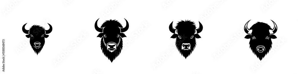 Poster black icons of bison heads arranged horizontally, showcasing distinct features and styles in a minim