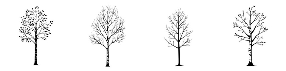 Obraz premium Black icons depicting trees in various stages of growth and leaf status for design and illustration purposes