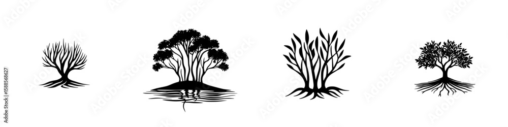 Poster different types of stylized black tree icons showcasing varying shapes and features for graphic desi