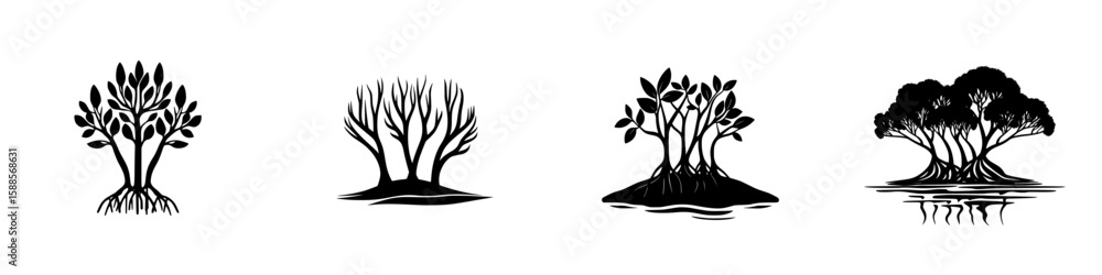 Poster various black icon representations of trees showcasing different styles and forms in a minimalist de