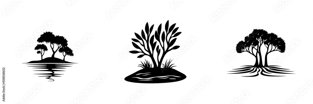 Poster black icon designs of trees representing nature in various forms and layouts