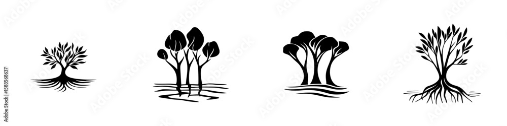 Poster black icons representing various tree designs and growth patterns ideal for nature-themed projects a