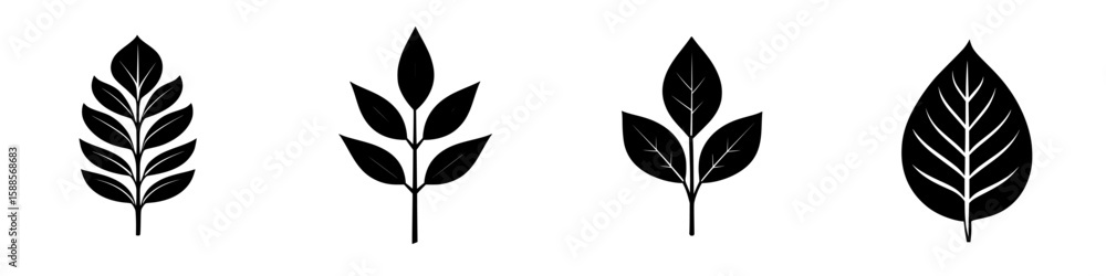 Poster silhouette collection of black leaf icons showcasing different leaf shapes and styles for design use