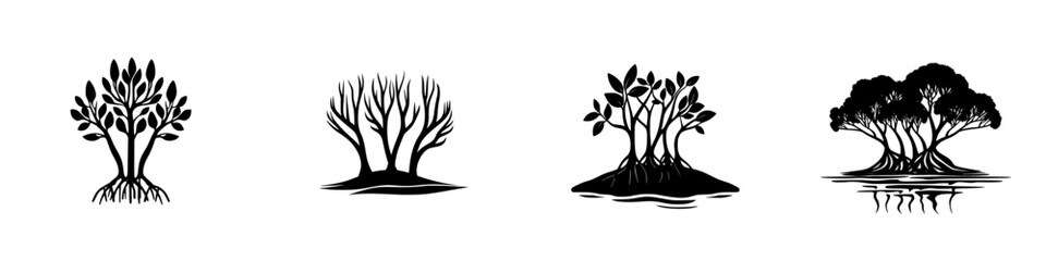 Various black icon representations of trees showcasing different styles and forms in a minimalist design for nature inspiration